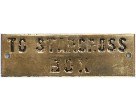 GWR hand engraved brass shelf plate TO STARCROSS BOX. In good condition with original black wax infill. Measures 4.75in x 1.5