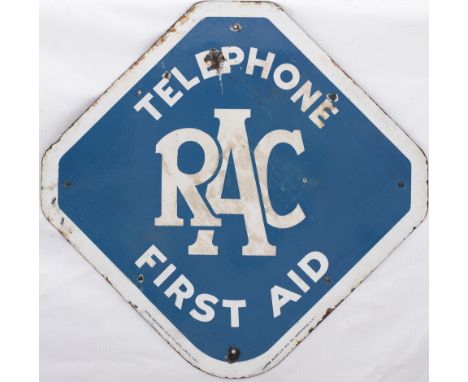 Motoring road enamel sign RAC TELEPHONE FIRST AID. In good condition with some chipping and slight loss of shine. Measures 18
