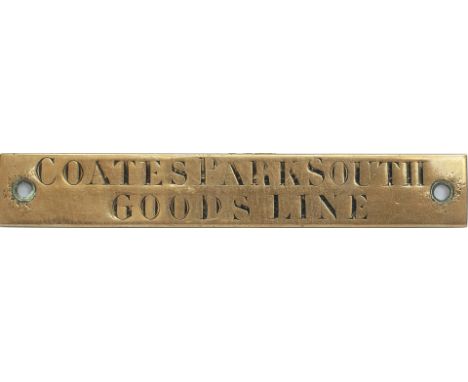 Midland Railway hand engraved brass shelf plate COATES PARK SOUTH GOODS LINE. In very good condition with original black wax 