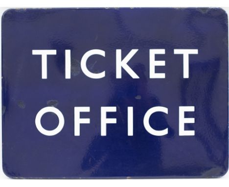 BR(E) FF enamel station sign TICKET OFFICE. In good condition with some face chip restoration, measures 24in x 18in.