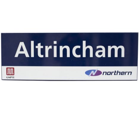 Modern image enamel station sign ALTRINGHAM GMPTE NORTHERN. In as removed condition measures 39in x 13.5in.