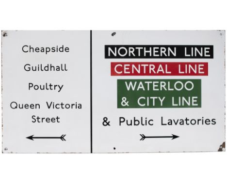 London Underground enamel sign NORTHERN LINE CENTRAL LINE WATERLOO &amp; CITY LINE &amp; PUBLIC LAVATORIES with right facing 