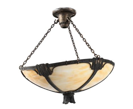 SALEM BROTHERS (AMERICAN) HANGING LIGHT; CIRCA 1920 Slag glass, cast-iron 50cm hang, 47.5cm wide