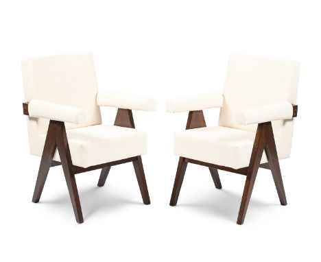 PIERRE JEANNERET (SWISS, 1896-1967) PAIR OF UPHOLSTERED 'ADVOCATE' ARMCHAIRS; CIRCA 1960 Teak, white cotton 89cm high, 60cm w