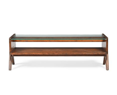 PIERRE JEANNERET (SWISS, 1896-1967) COFFEE TABLE; CIRCA 1960 Teak, glass; painted to side 'Chd.M C.016' 41cm high, 117cm wide