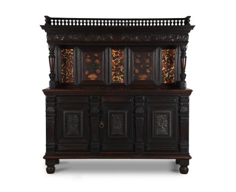 DANIEL COTTIER (BRITISH, 1838-1891) COURT CUPBOARD; CIRCA 1873 Oak, inset with painted panels 194cm high, 183cm wide, 61cm de