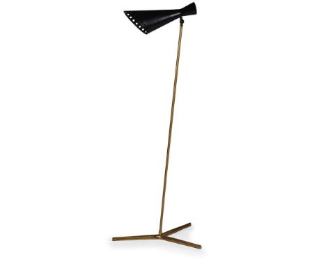MODERN (FRENCH)  A STANDING LIGHT; LATE 20TH/EARLY 21ST CENTURY Black patinated metal and brass, tri-foot and double-cone sha