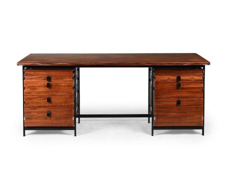 JULES WABBES (BELGIAN, 1919-1974) DOUBLE PEDESTAL DESK; CIRCA 1965 Walnut, chromed steel Engraved to handles 'WABBES' 75cm, h