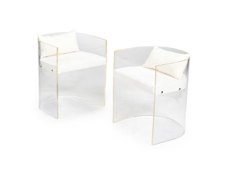 MODERNIST A PAIR OF SIDE CHAIRS; EARLY 21ST CENTURY Plexiglass, white fabric cushioned seat, white fabric cushion 63cm high, 