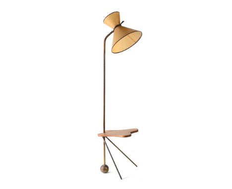 FRENCH; IN THE MANNER OF ROBERT MATHIEU  A STANDARD LAMP; MID 20TH CENTURY Gilt-metal, oak, double-cone shade 164cm high  Con