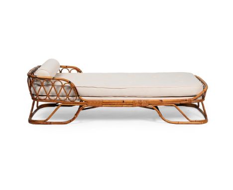LINO CARIMANTI (ITALIAN) ATTRIBUTED A DAYBED; CIRCA 1970 Bamboo and cushioned linen 58cm high, 98cm wide, 200cm long  Conditi