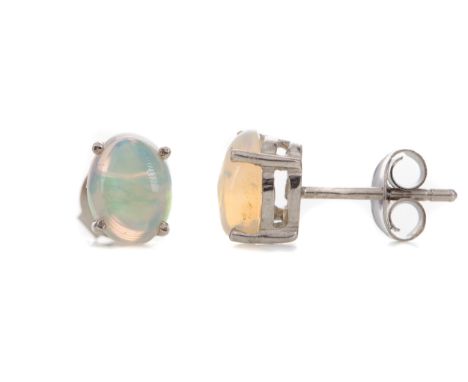 PAIR OF ETHIOPIAN OPAL EARRINGS, set with oval cabochon stones, in silver