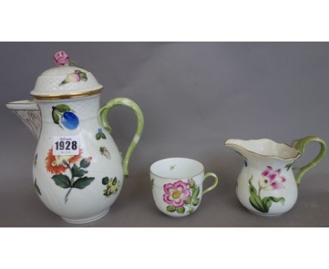 A Herend porcelain part dinner and tea service decorated in the 'Fruits and Flowers' pattern, comprising; eleven large dinner