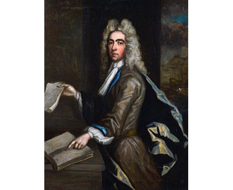 Follower of Sir Godfrey Kneller, Portrait of a lady; Portrait of a gentleman, a pair, oil on canvas, each 115cm x 90cm.(2)  I
