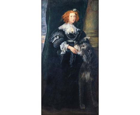 Manner of van Dyck, Portrait of a gentleman; Portrait of a lady with a dog, a pair, oil on canvas, each 150cm x 80cm.(2)  Ill