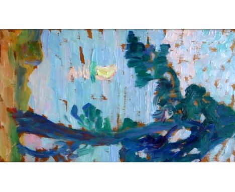 Blanche Augustine Camus (1881-1916, View of the coast, oil sketch on panel, stamped and inscribed on label verso, 20cm x 11cm