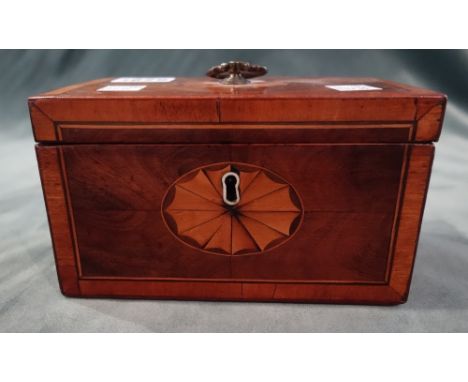A George III marquetry inlaid mahogany rectangular tea caddy, with twin compartment interior, 16cm wide x 9.5cm high x 9.5cm 