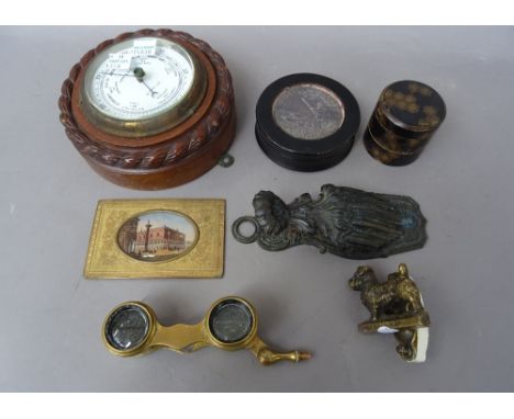 A quantity of small collectables, including; a walnut cased barometer by 'NORIE & WILSON' (15cm diameter), a Victorian brass 