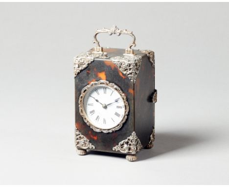 An Edwardian silver-mounted tortoiseshell carriage clockLondon 1893The rectangular case with silver repouseé mounts, the twin