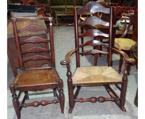 An early 19th century ash Lancashire ladder back open arm rocking chair, together with another ladder back chair, (2).  J3