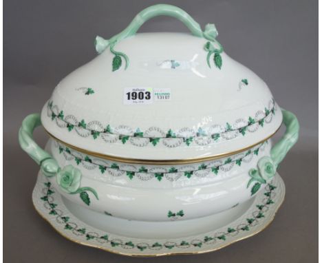 A Herend porcelain eight piece dinner tea and coffee service decorated in the green 'Grape and leaf vine' pattern comprising;