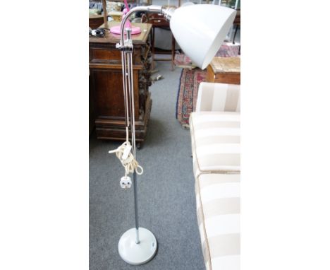 A BTC 'Task' floor light, pendant cream shade/base, chrome body, label to base (120cm high).