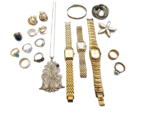 A group of mostly costume jewellery, to include; a 9ct gold, seed pearl and imitation turquoise cluster ring, a 9ct gold wedd