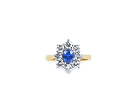 An 18ct gold, sapphire and diamond nine stone oval cluster ring, claw set with the oval cut sapphire, in a surround of eight 