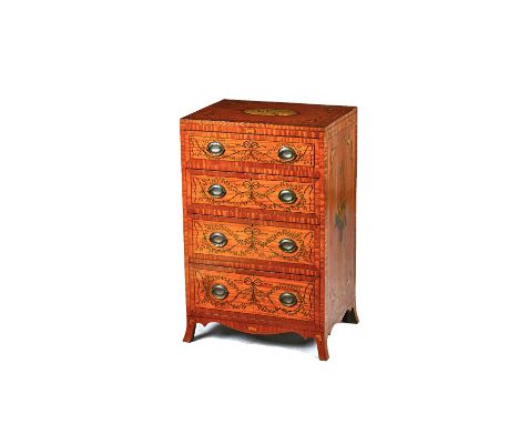 A Sheraton Revival satinwood chest of four long graduated drawers, polychrome painted with cherubs and ribbon tied floral spr