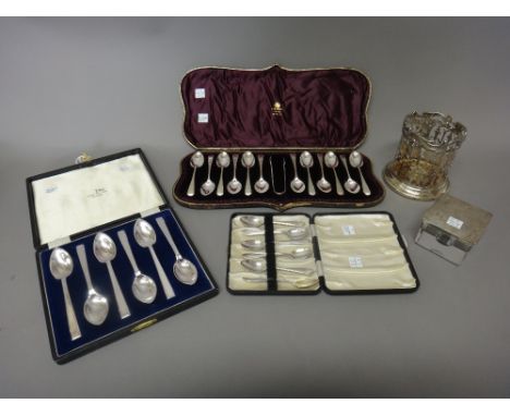 Silver, comprising; a set of twelve Victorian teaspoons and a matching pair of sugar tongs, with engraved bright cut decorati