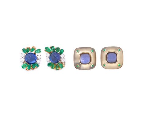 A pair of French diamond, cabochon sapphire and emerald set earclips, each mounted with a cabochon sapphire at the centre, tw