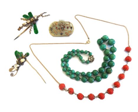 Two jade mounted and freshwater cultured pearl Asian hair pins, an imitation coral bead necklace, a diamond and gem set panel
