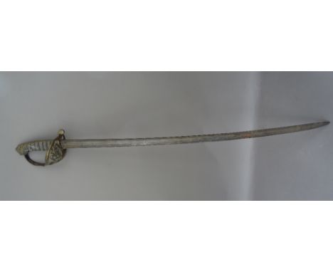 A Victorian officer's sword, with slightly curved steel blade (82cm long), brass hilt with 'VR' cypher, and a wire bound fish