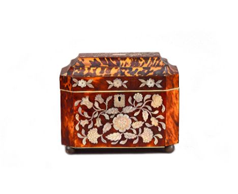 A Regency mother-of-pearl inlaid tortoiseshell tea caddy, the stepped top enclosing a twin lidded interior, on gilt metal bal