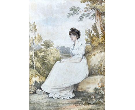 Attributed to Adam Buck (1759-1833), Portrait of a lady seated in a landscape, watercolour, 30cm x 21cm.  Illustrated