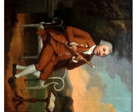 Follower of Arthur Devis, Portrait of a gentleman, seated on a bench holding a flute, oil on canvas, 35cm x 30cm.Provenance: 