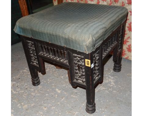 A Victorian ebonised footstool with bobbin turned decoration, 40cm wide x 42cm high. 4.1  I8