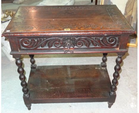 An 18th century style oak single drawer side table, on bobbin turned supports, 77cm wide x 75cm high. Add 2  B6