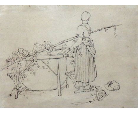Thomas Unwins (1782-1857), A Hop Picker at Farnham, pen and ink, with another sketch verso, 28cm x 37.5cm.