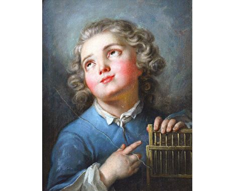 Circle of Jean Baptiste Greuze, Portrait of a young boy, holding a string from an empty birdcage, oil on canvas, 39cm x 31cm.