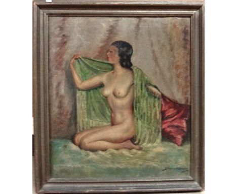 M. Michelson-Gordon (20th century), Kneeling nude with shawl, oil on canvas, signed, 60cm x 53cm.  A4