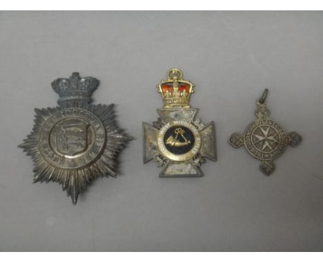 A Victorian silver plated hat badge, detailed South West Middlesex Rifles, an enamelled medal, with a bugle motif to the cent