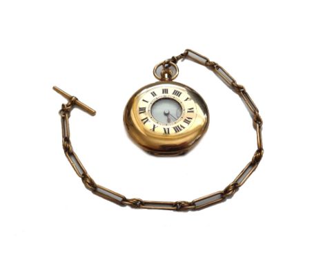 A gentleman's 9ct gold cased, keyless wind, half hunting cased pocket watch, with an unsigned jewelled lever movement, 9ct go