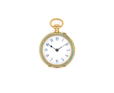 A gold cased and enamelled lady's keyless wind, open faced fob watch, with an un-signed gilt jewelled lever movement, the inn