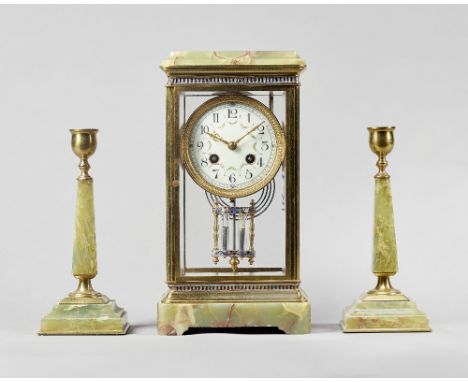 A French giltbrass, enamel and green onyx four glass mantel clock garniturecirca 1910The clock, with a stepped pediment above