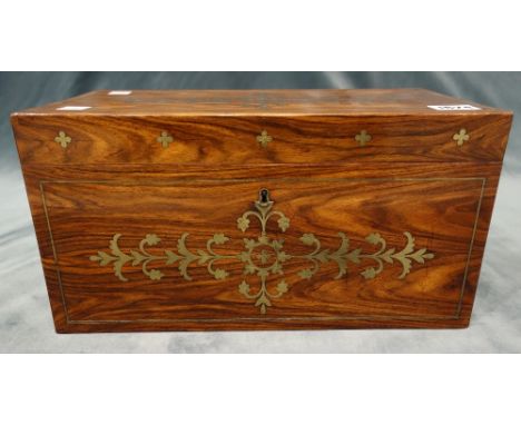 A late Regency brass inlaid Kingwood rectangular tea caddy, with twin lidded interior, centred by a mixing bowl, 35cm wide x 
