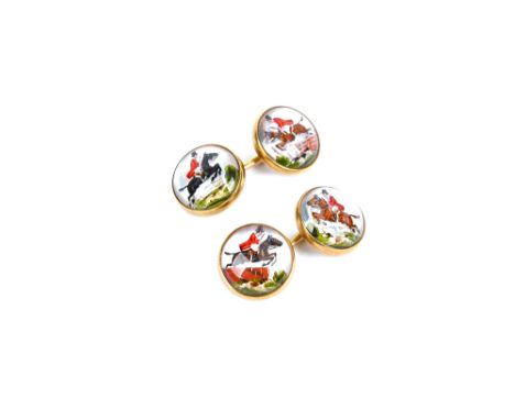 A pair of gold mounted reverse painted intaglio crystal cufflinks, each intaglio painted with a differing view of a horseman 