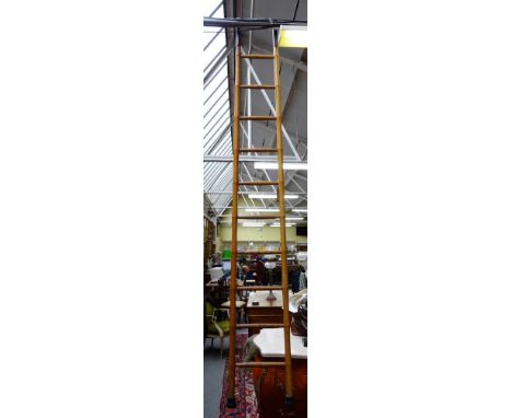 A 19th century ash faux bamboo ten rung ladder, with iron hooks, 40cm wide x 280cm high.