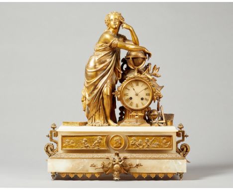 A French giltmetal and alabaster mantel clockMid 19th CenturyModelled with a female figure resting on a globe, with a drum-sh