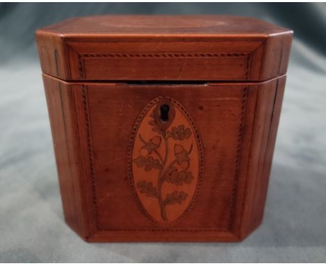 A George III marquetry inlaid harewood tea caddy, of canted rectangular form, with single lidded interior, 12.5cm wide x 11.5